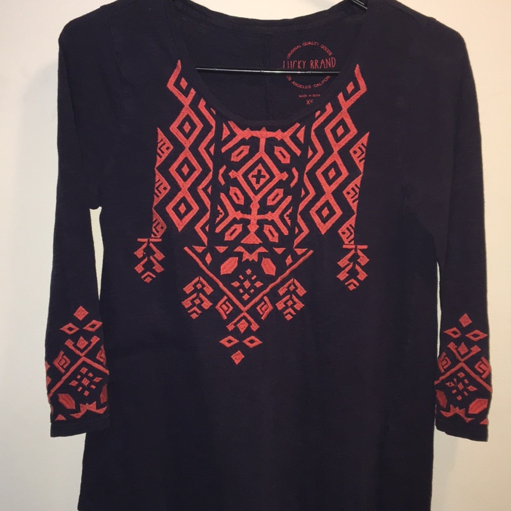 Lucky Brand 3/4 sleeve XS red embroidery shirt